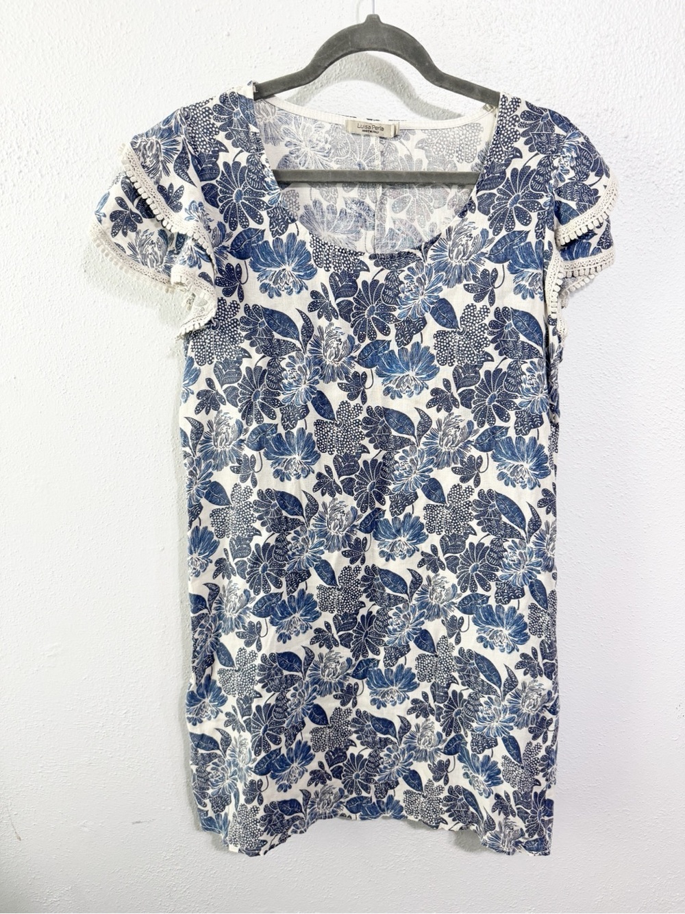 Luisa Perla linen blend Blue Floral Scoop-Neck Mini Dress medium